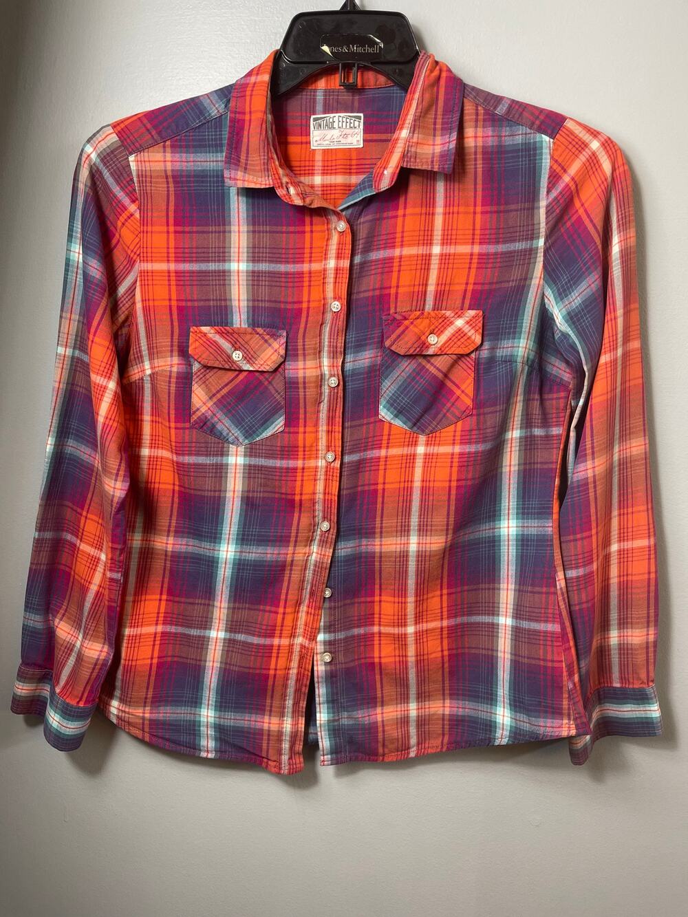 Vintage Effect Plaid Button Up Shirt Long Sleeve Warm Tones Flannel Style M